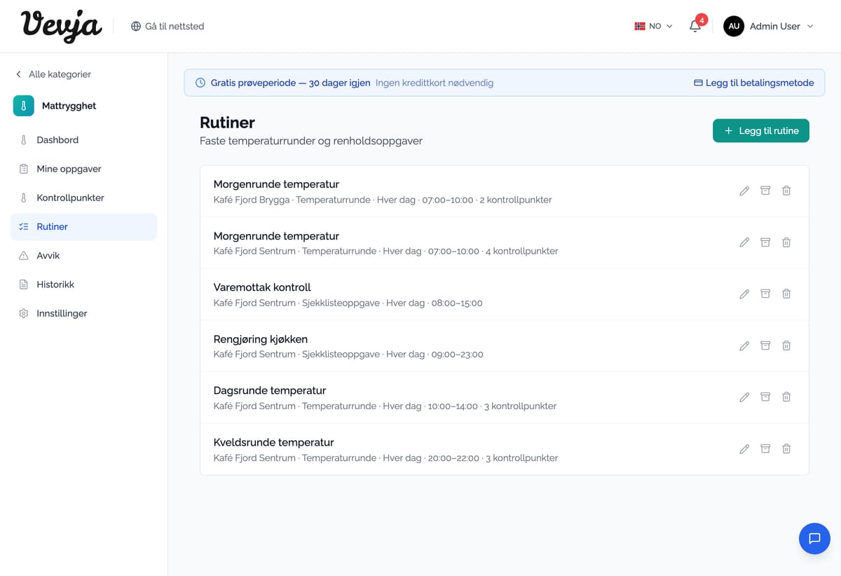 The routines with time windows and work locations. Vevja automatically generates the tasks for each day.