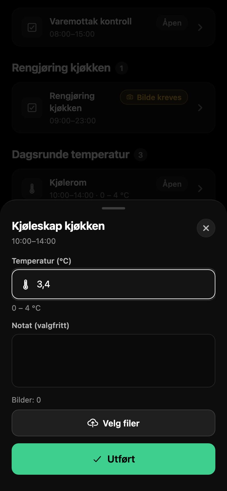 Temperature is recorded directly from the phone, with the limit visible.