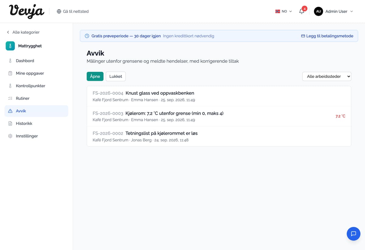Die Abweichungsliste in Vevja. Offene Abweichungen oben.